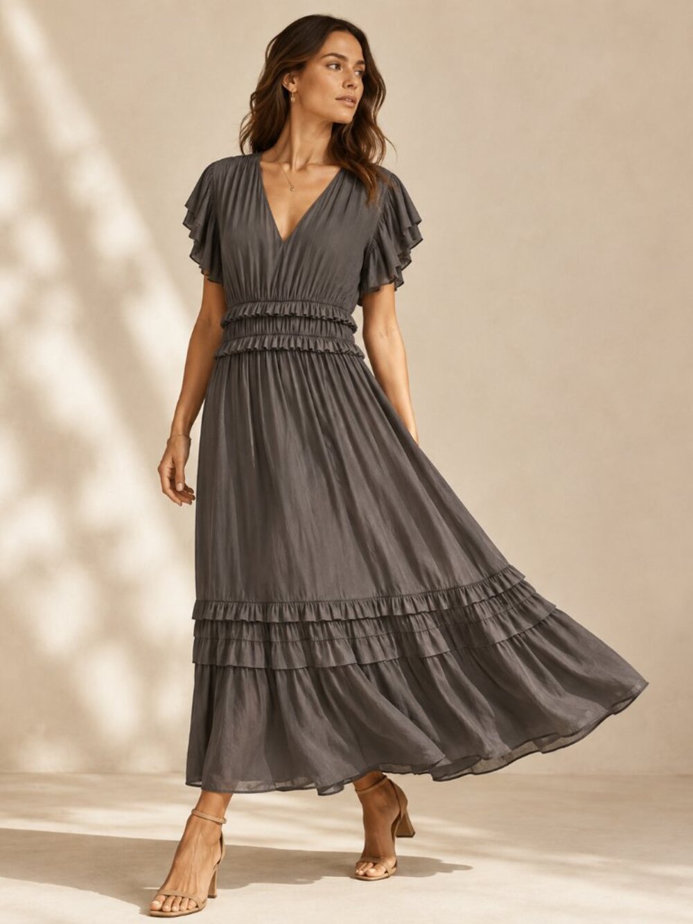Modern Citizen Charcoal Gray Ruffle Maxi Dress Large